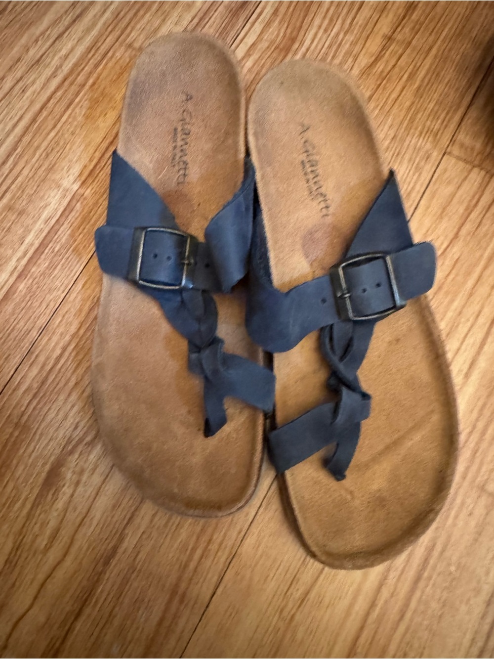 A. Giannetti Navy Blue Leather Wedge Sandals
